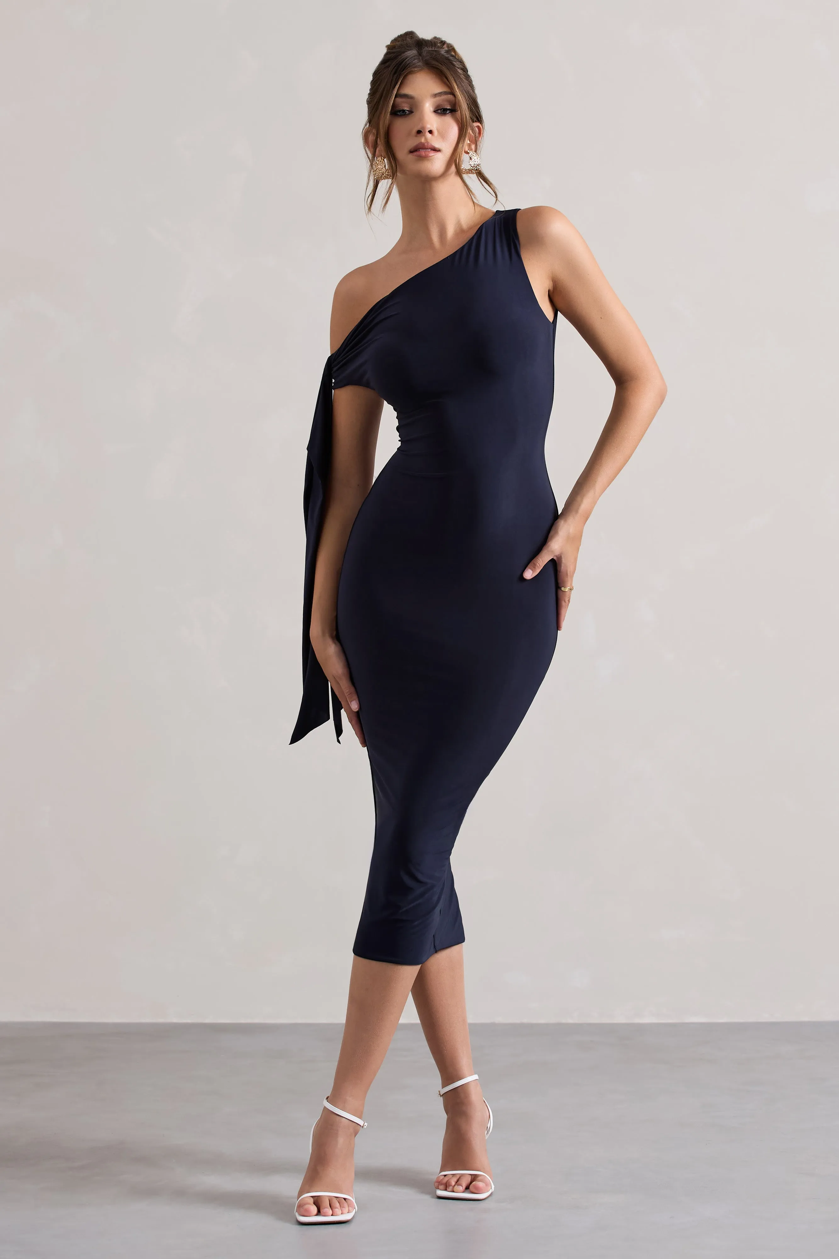 Adapt | Navy Asymmetric Midi Dress With Tie Sleeve