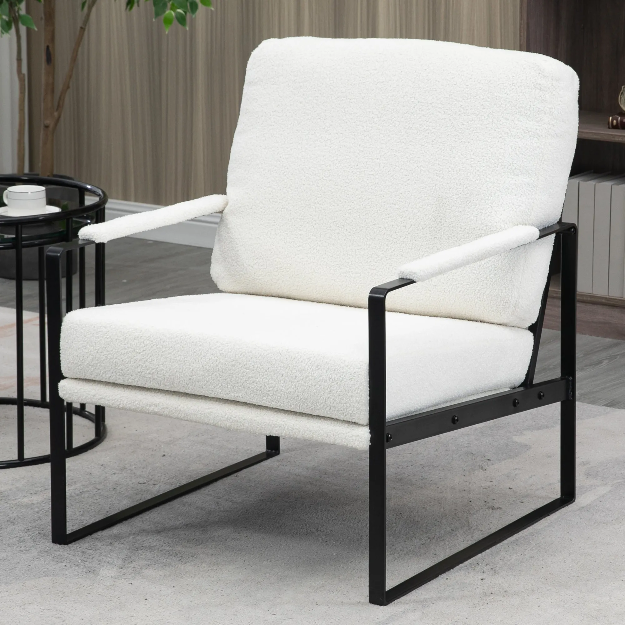 Ayume White Boucle Accent Chair with Black Iron Legs