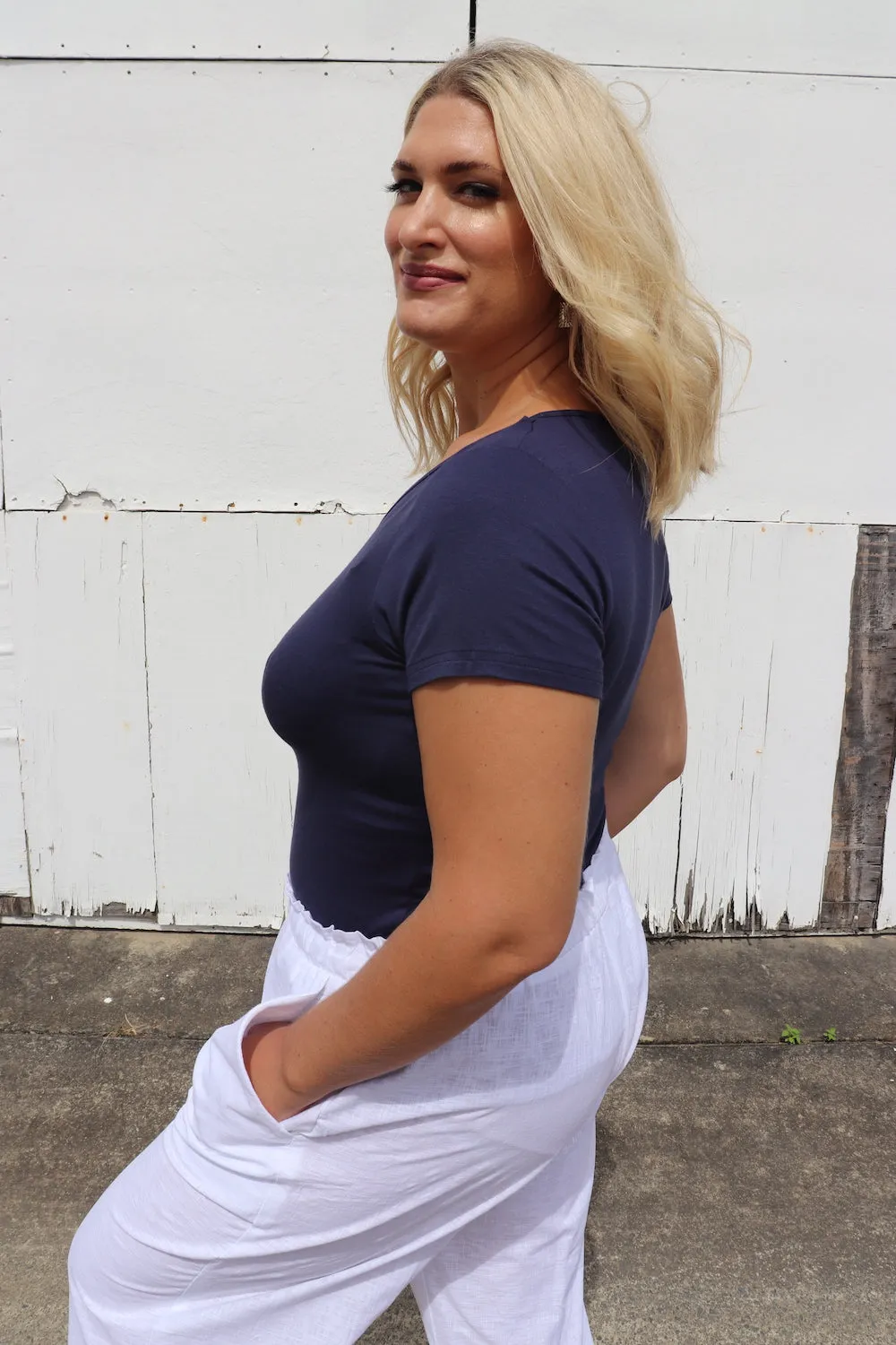 Basics - Tight Short Sleeve Jersey Top in Navy