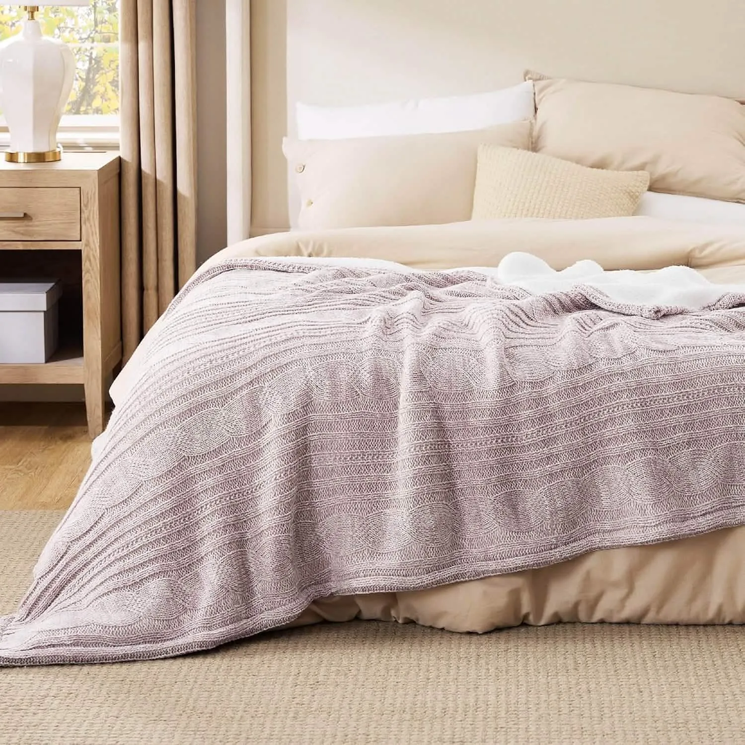 Bedsure Knit Sherpa Reversible Throw Blanket-Cable Knit