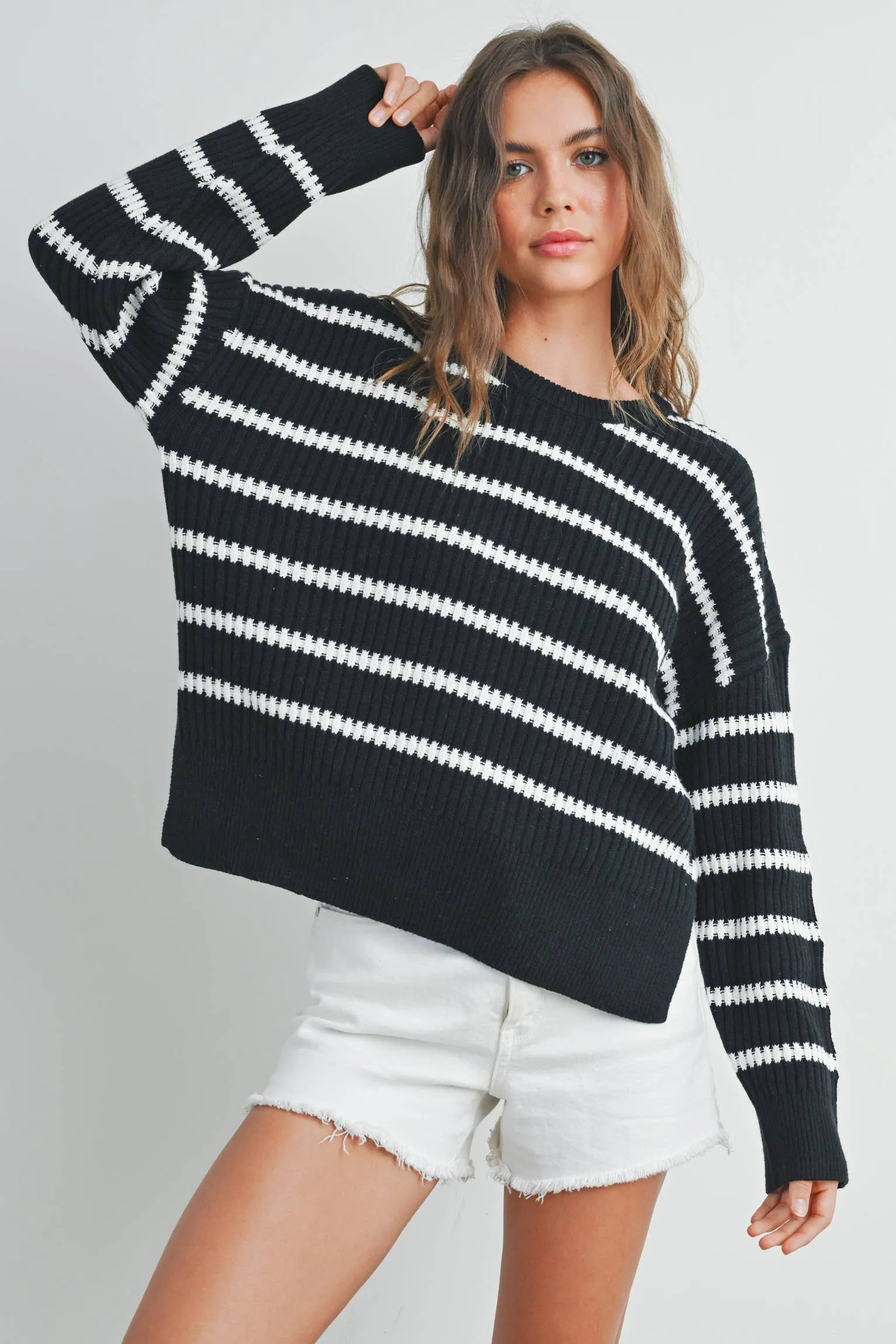 BOAT NECK STRIPED KNIT SWEATER