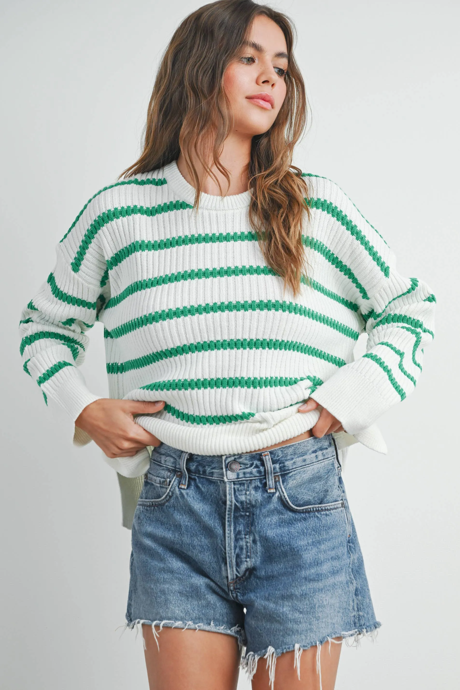 BOAT NECK STRIPED KNIT SWEATER