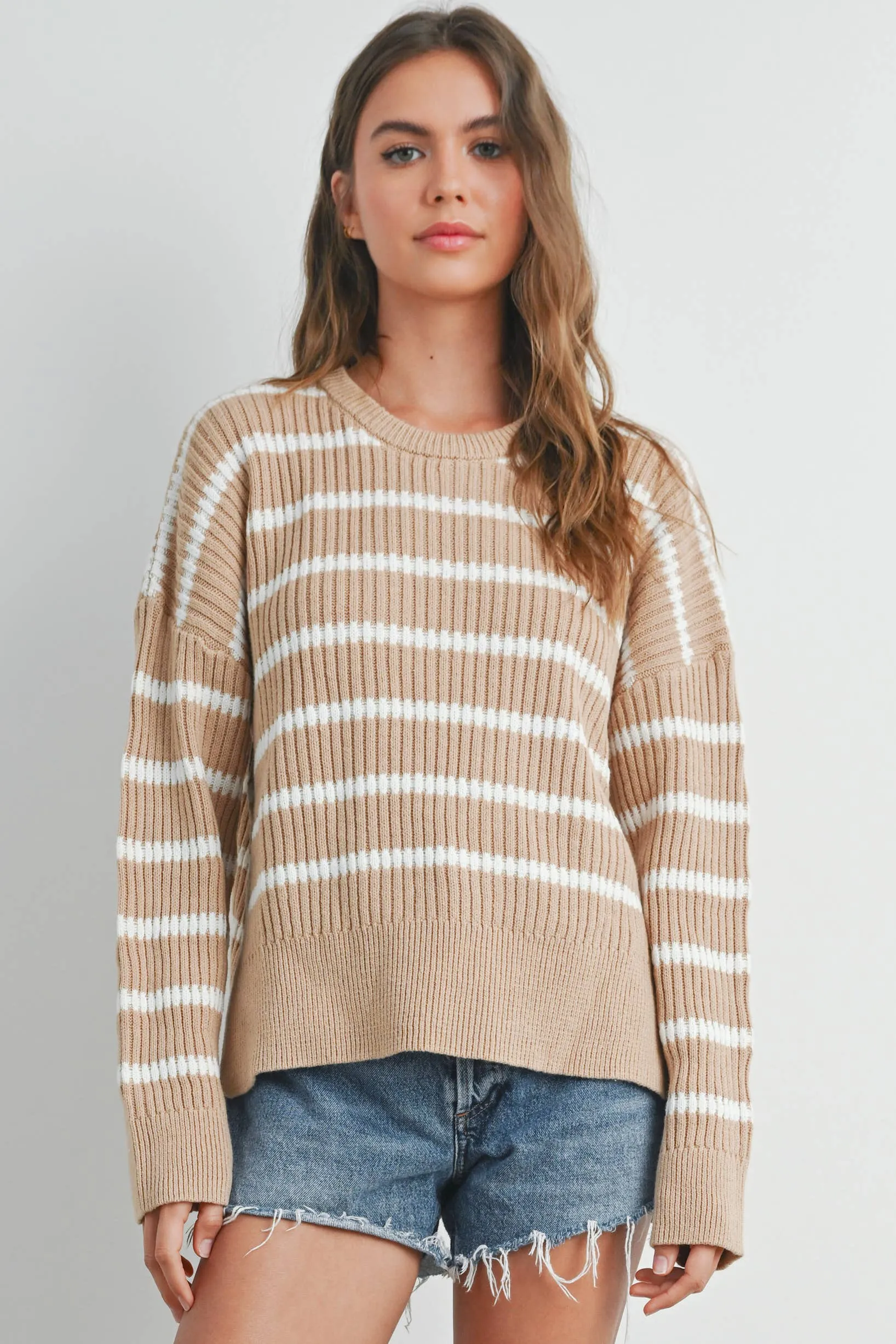 BOAT NECK STRIPED KNIT SWEATER