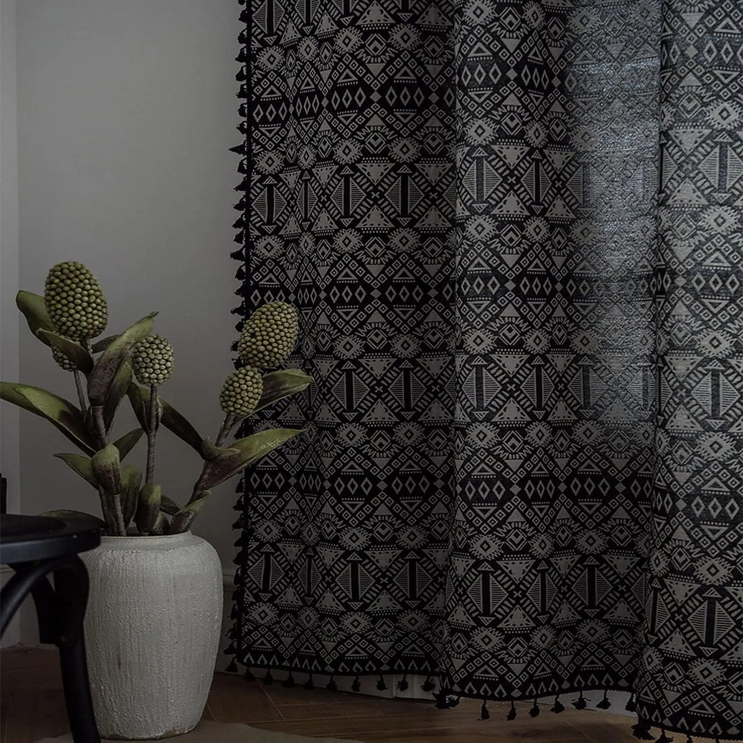 Boho Geometric Semi-Blackout Curtains, Black White Burlap Linen with Rod Pocket and Tassels, 2 Panels, 52 x 84 Inches