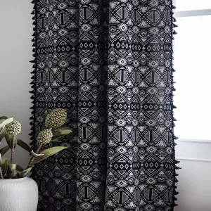 Boho Geometric Semi-Blackout Curtains, Black White Burlap Linen with Rod Pocket and Tassels, 2 Panels, 52 x 84 Inches