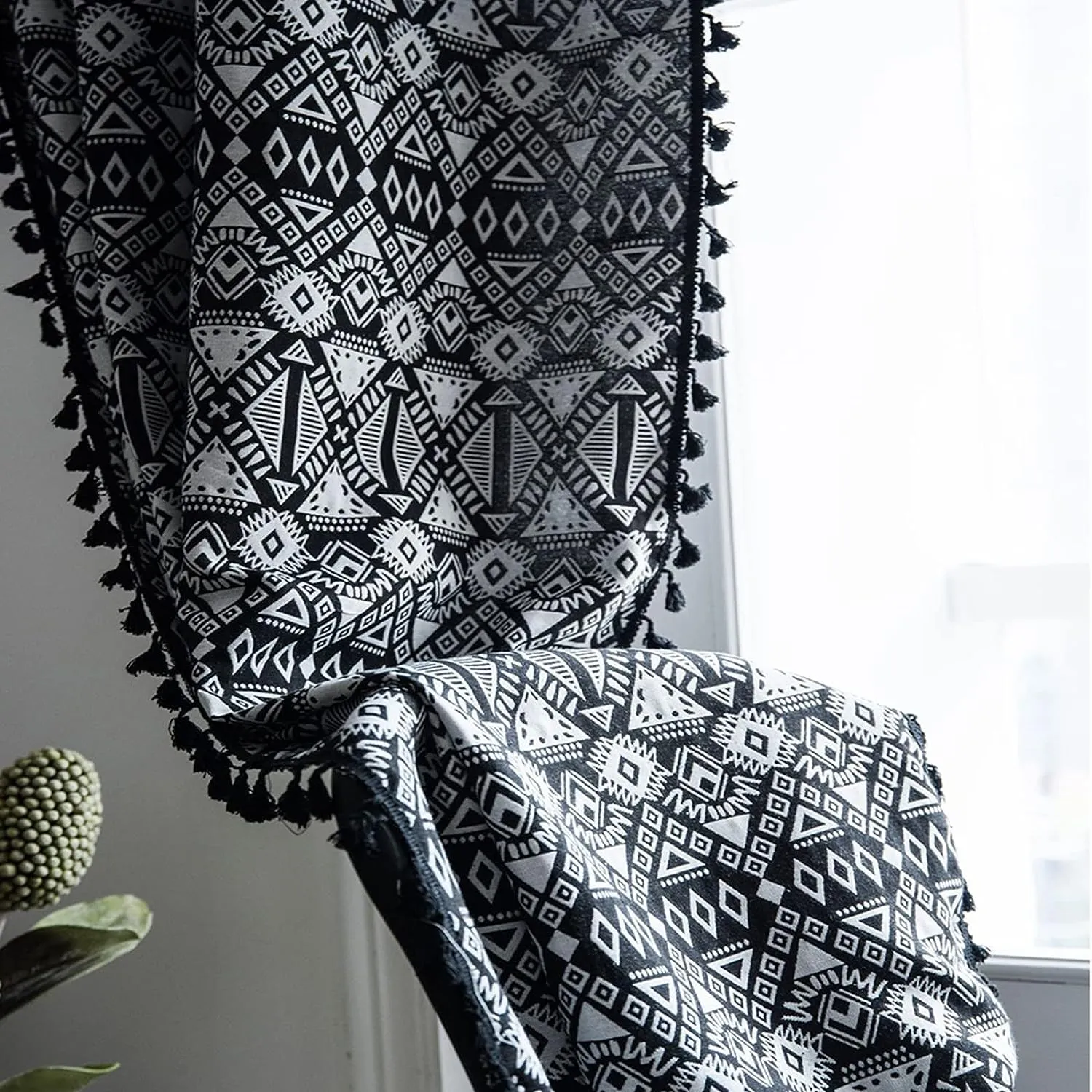 Boho Geometric Semi-Blackout Curtains, Black White Burlap Linen with Rod Pocket and Tassels, 2 Panels, 52 x 84 Inches