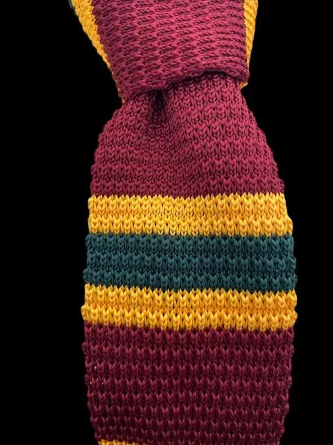 Burgundy Red, Mustard Yellow and Forest Green Striped Knit Tie