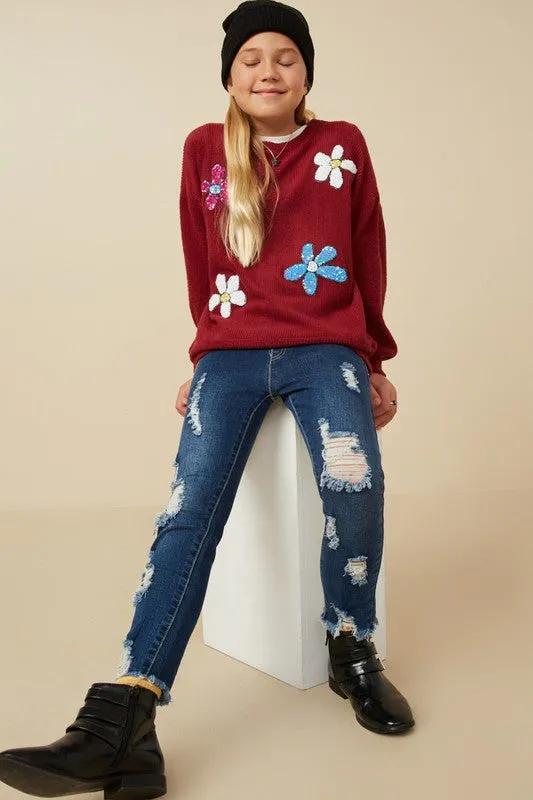 Burgundy Sequin Floral Patched Brushed Rib Knit Top