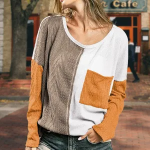 Cable knit color block round neck sweater *Online Only*