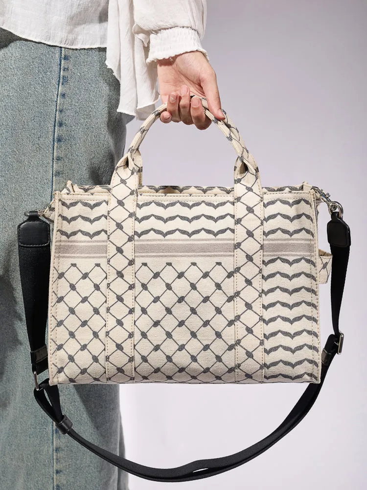 Classic Medium Tote with Keffiyeh Pattern - Textural Cotton Canvas