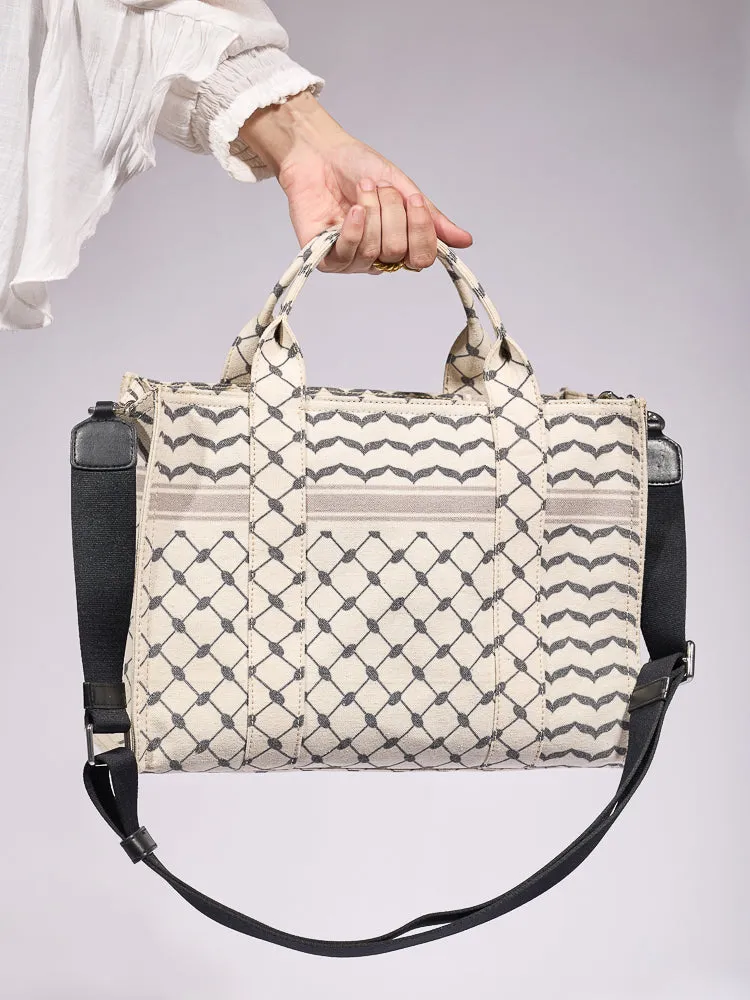 Classic Medium Tote with Keffiyeh Pattern - Textural Cotton Canvas