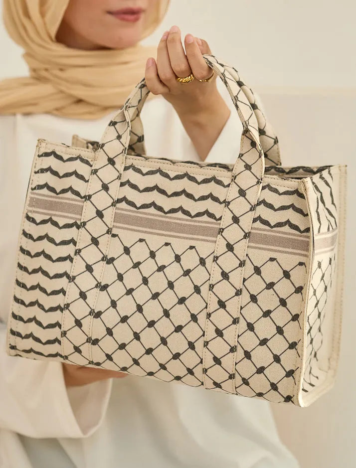 Classic Medium Tote with Keffiyeh Pattern - Textural Cotton Canvas