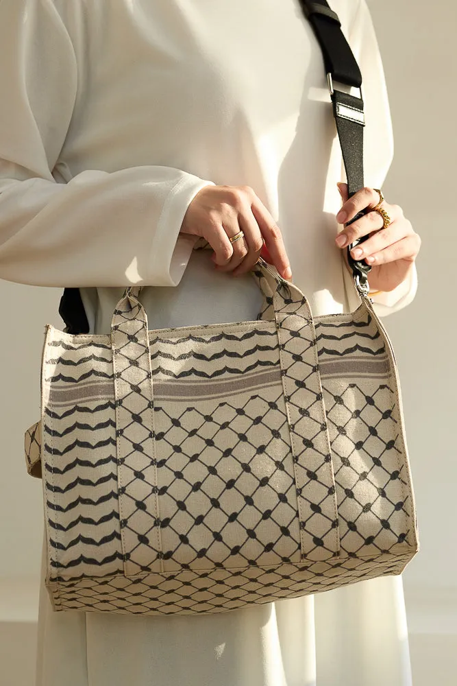 Classic Medium Tote with Keffiyeh Pattern - Textural Cotton Canvas