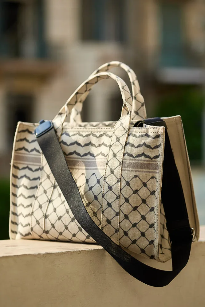 Classic Medium Tote with Keffiyeh Pattern - Textural Cotton Canvas