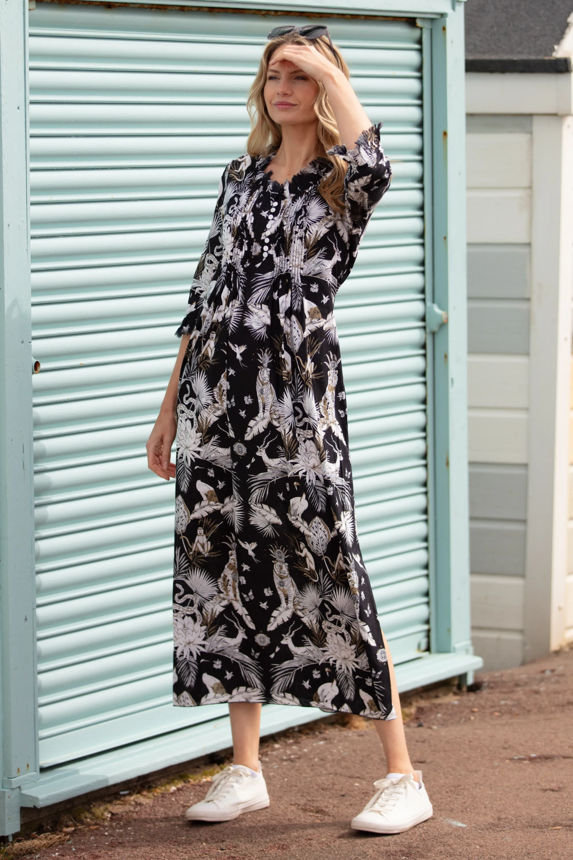 Cotton Annabel Maxi Dress in Black Tropical