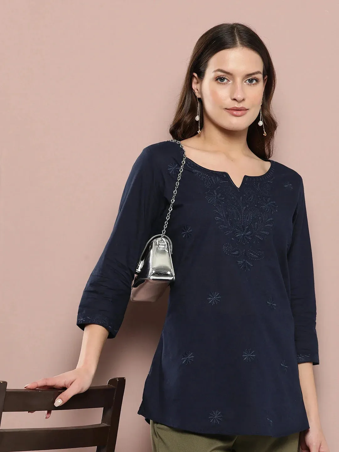 Cotton Navy Blue Floral Embroidered Chikankari Kurta