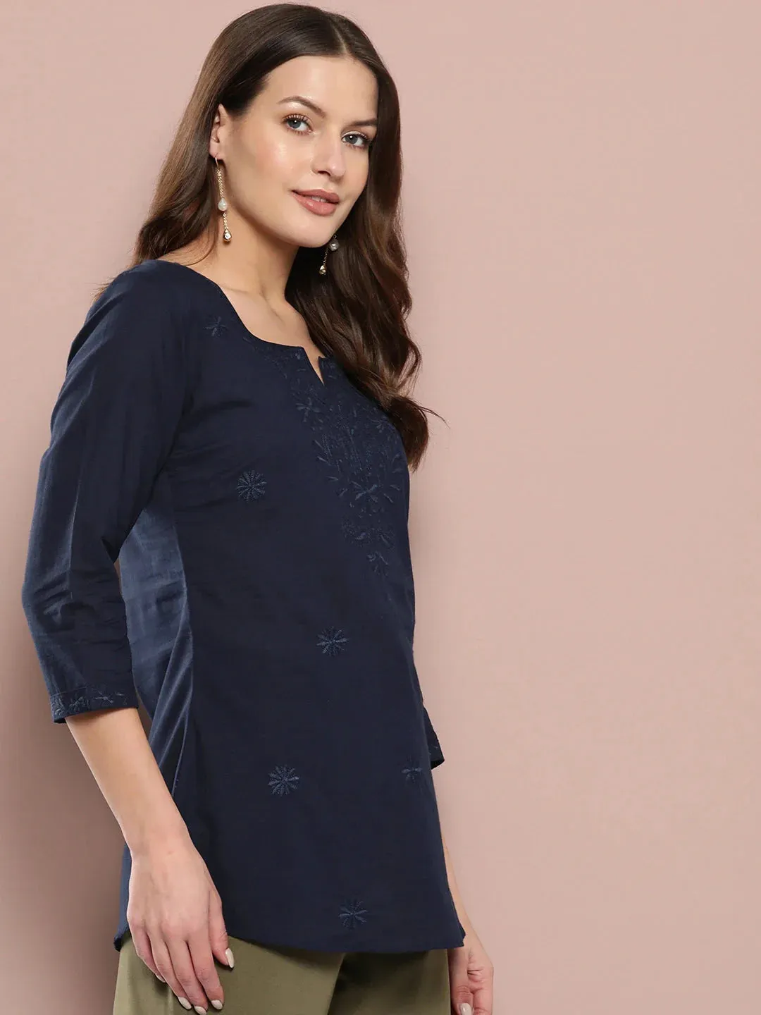 Cotton Navy Blue Floral Embroidered Chikankari Kurta