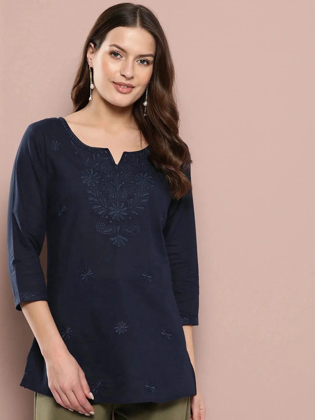 Cotton Navy Blue Floral Embroidered Chikankari Kurta