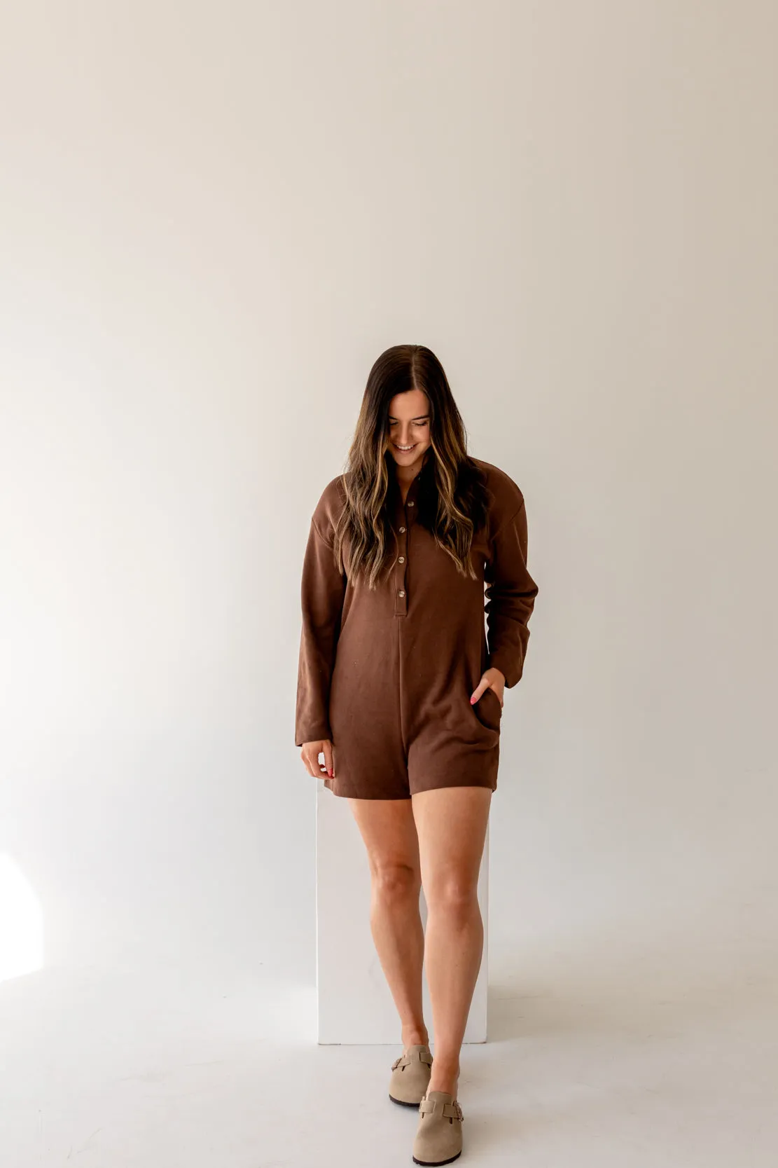 Elle Knit Button Up Romper | Chocolate