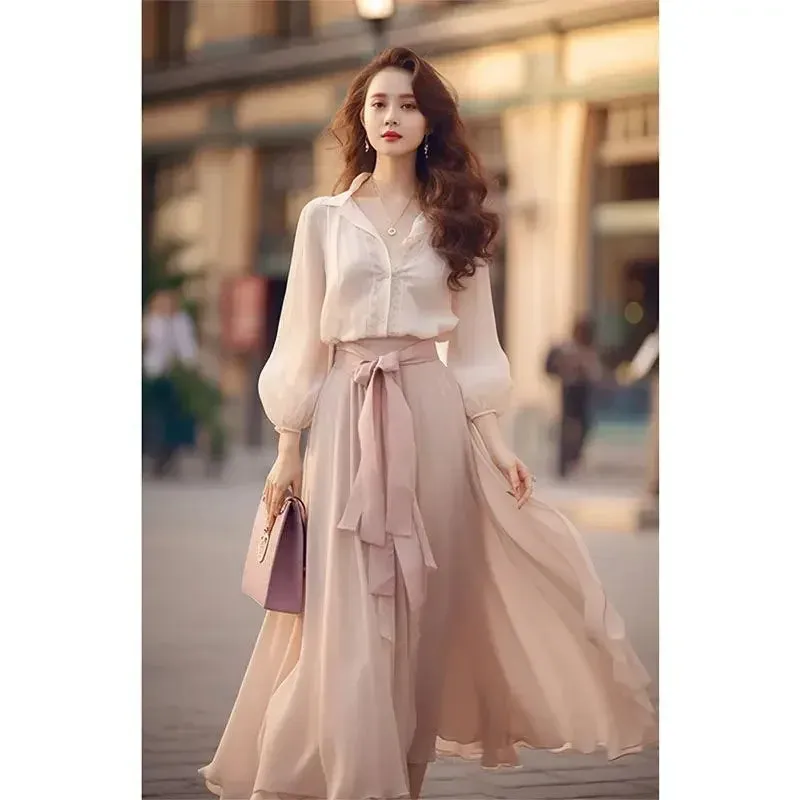 Fashion Korean Retro Loose Women Long Sleeved Two-Piece Set Dress Elegant French Women's Solid Color Sweet Slim Dresses