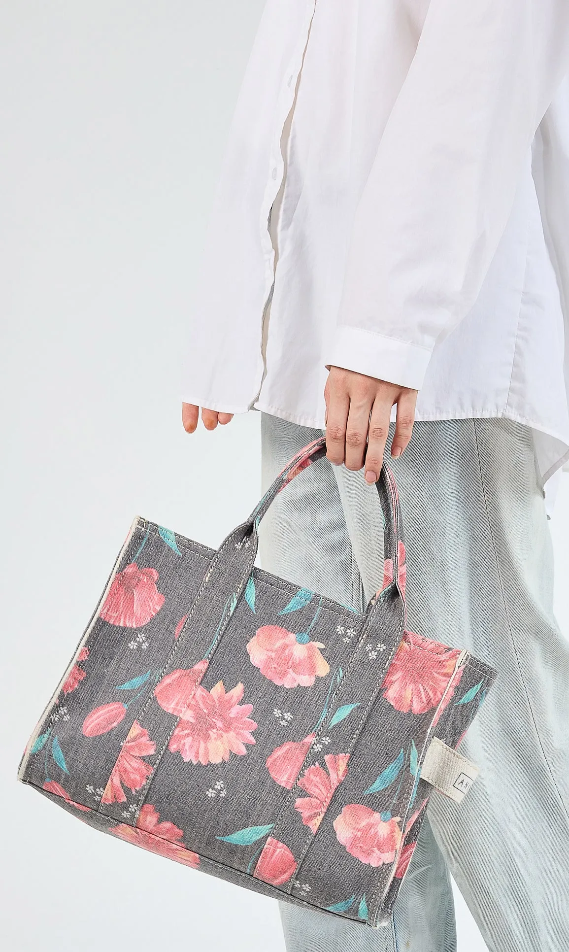 Floral Gray Cotton Canvas Tote Bag