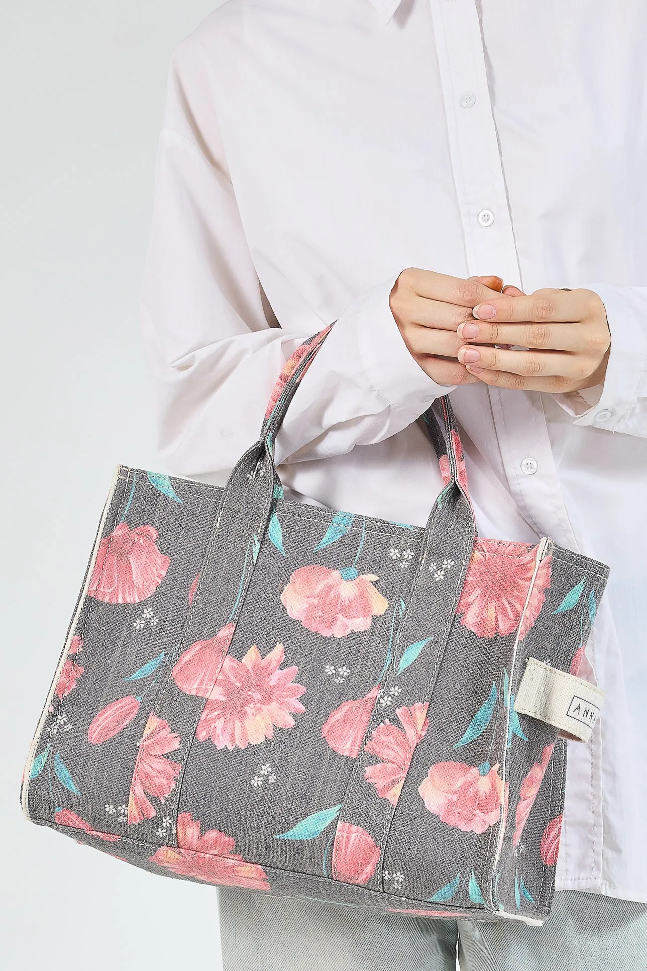 Floral Gray Cotton Canvas Tote Bag