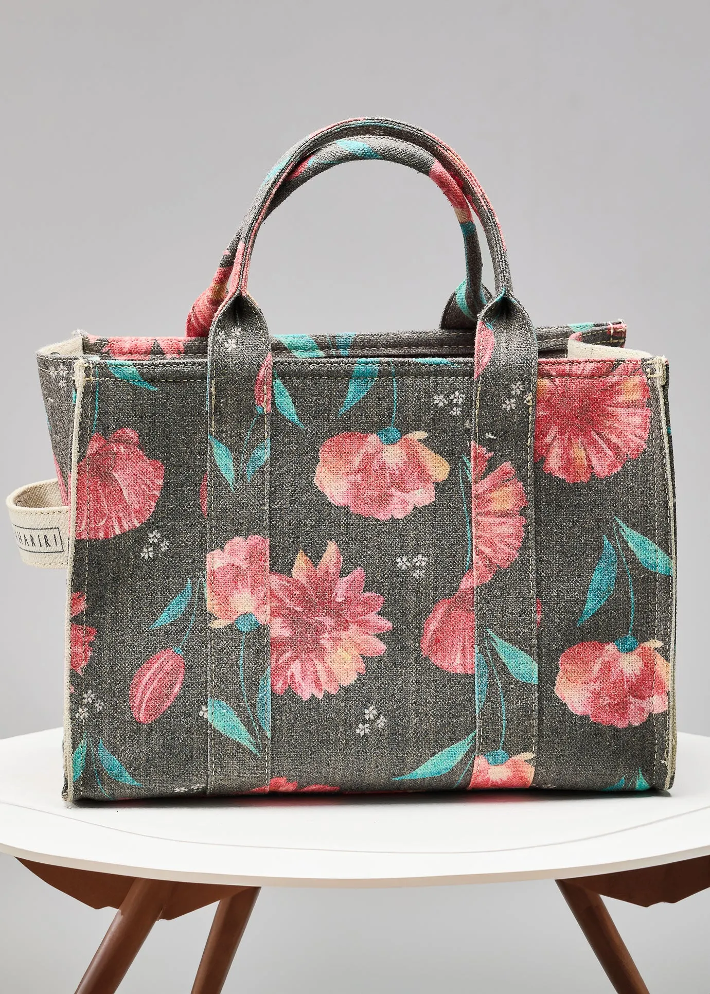 Floral Gray Cotton Canvas Tote Bag