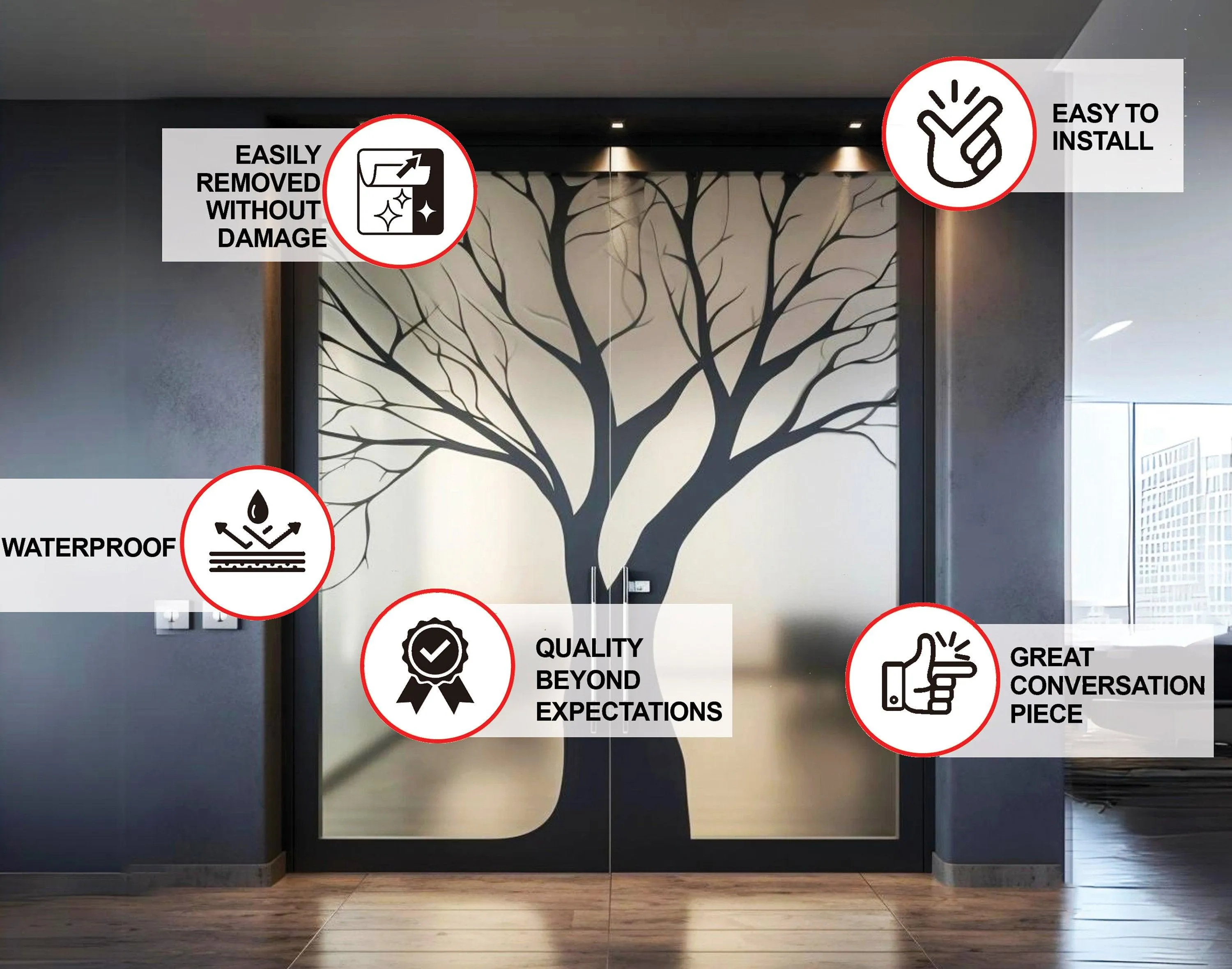 Frosted Black Tree Silhouette Decal for Glass Door - Contemporary Privacy Frosting Sticker Film with Etched Leafless Tree Design for Window