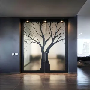 Frosted Black Tree Silhouette Decal for Glass Door - Contemporary Privacy Frosting Sticker Film with Etched Leafless Tree Design for Window