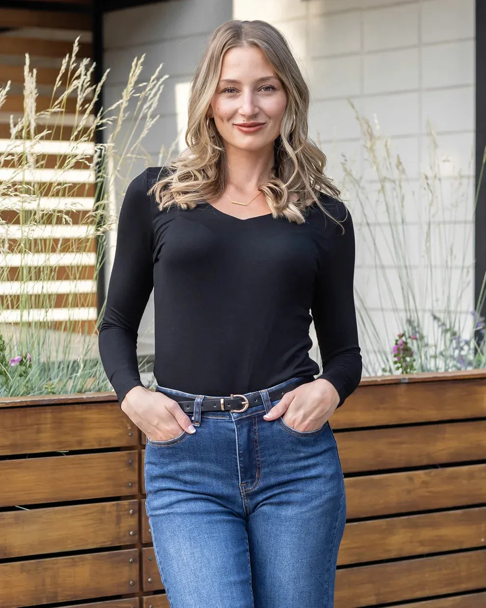 Grace & Lace Modal V-Neck Long Sleeve Tee - Black