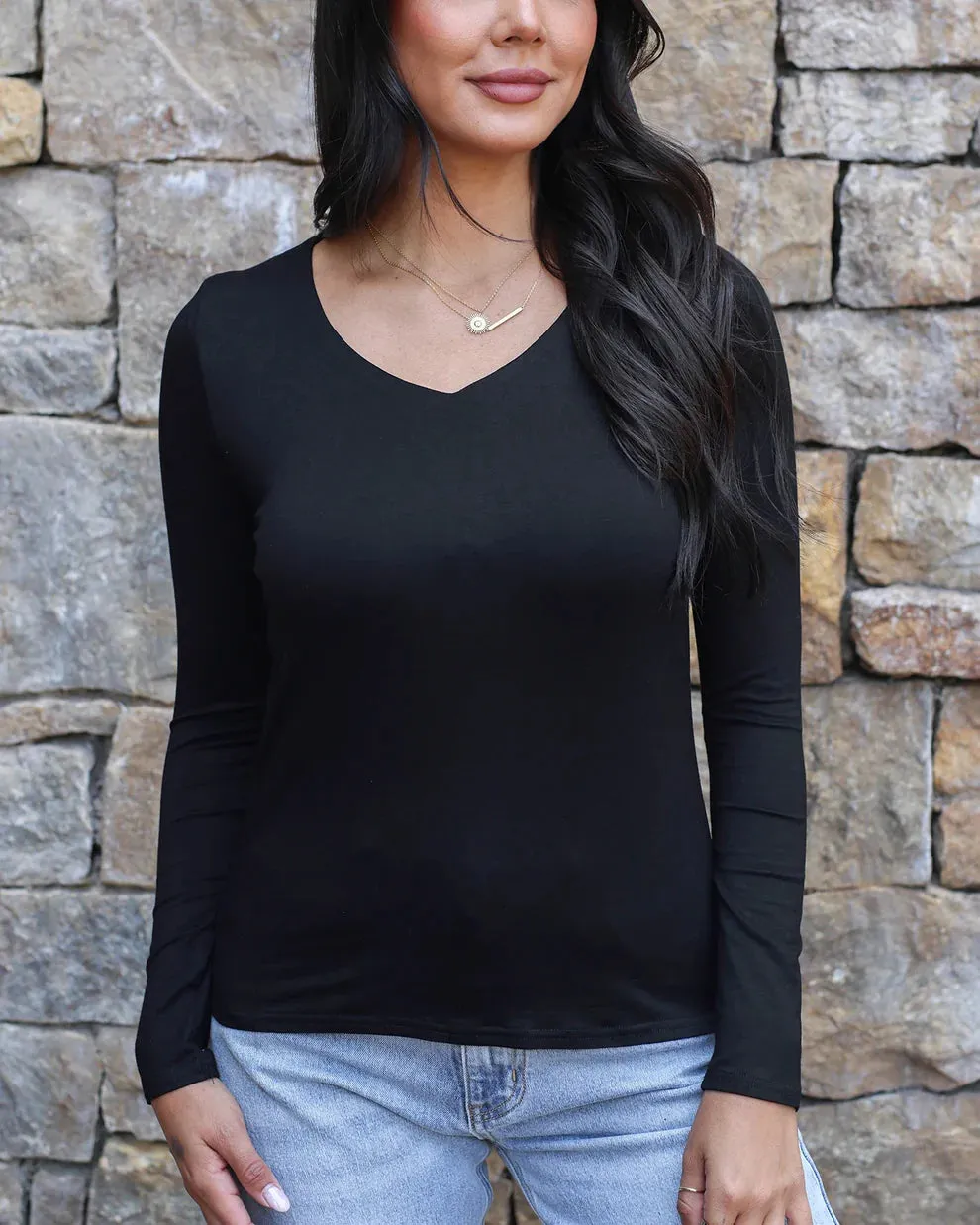 Grace & Lace Modal V-Neck Long Sleeve Tee - Black