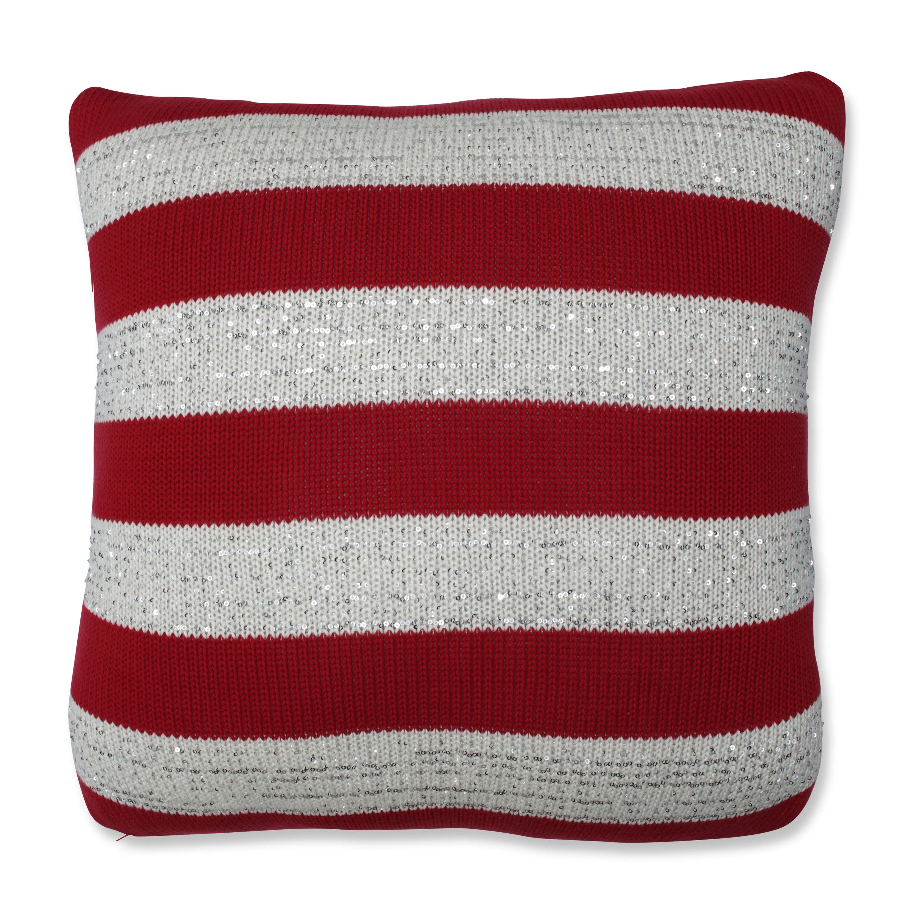 Indoor Red and Cream Horizontal Stripe Sequin 18.5-inch Throw Pillow