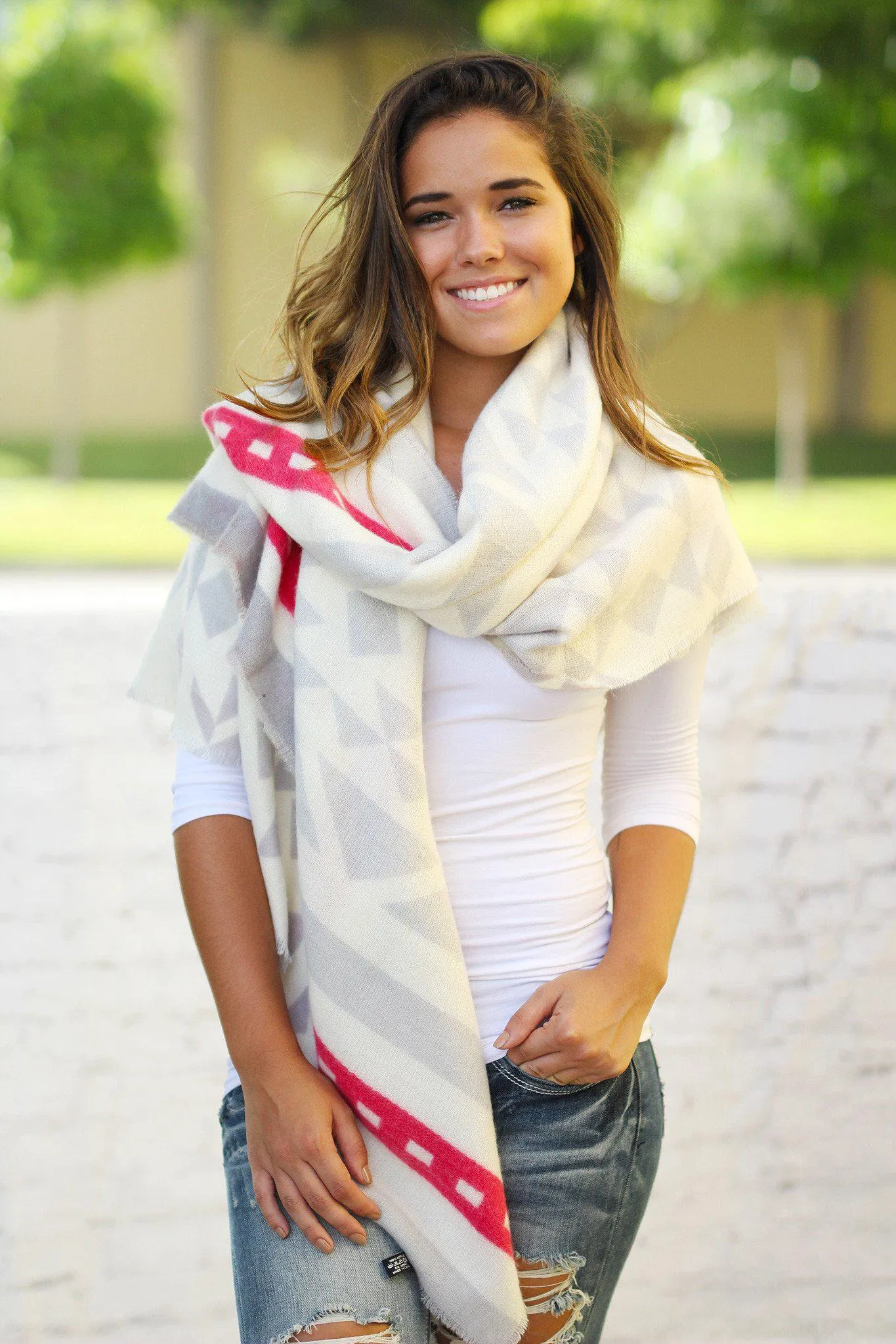 Ivory and Gray Blanket Scarf