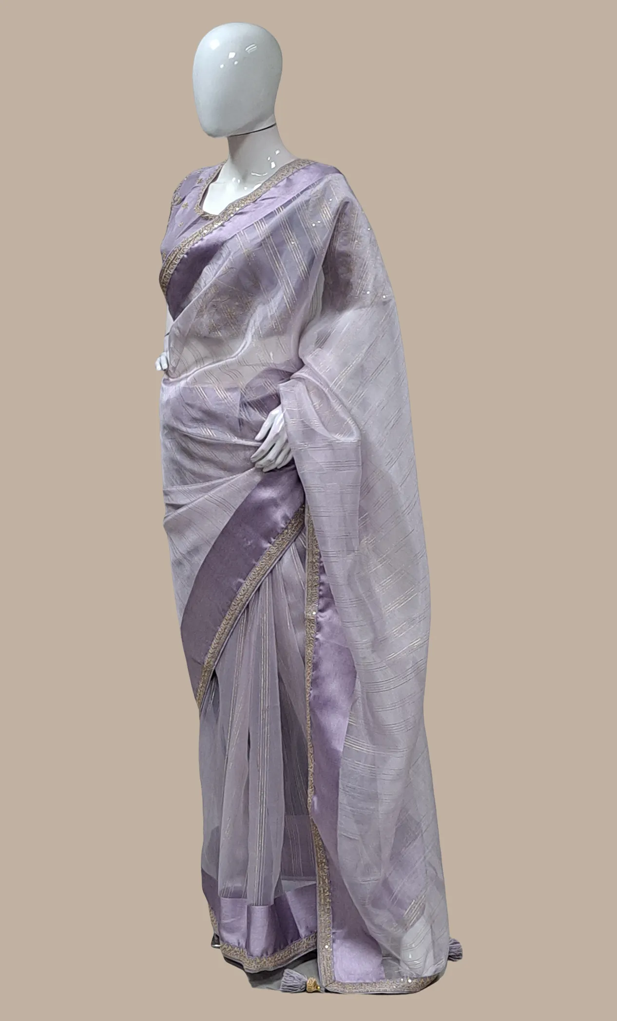 Lilac Embroidered Sari With Ready Blouse