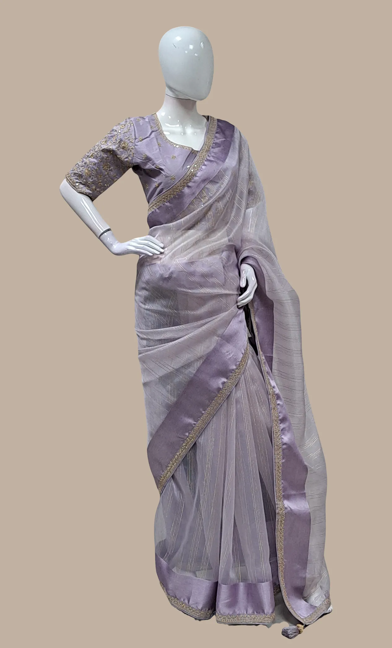 Lilac Embroidered Sari With Ready Blouse