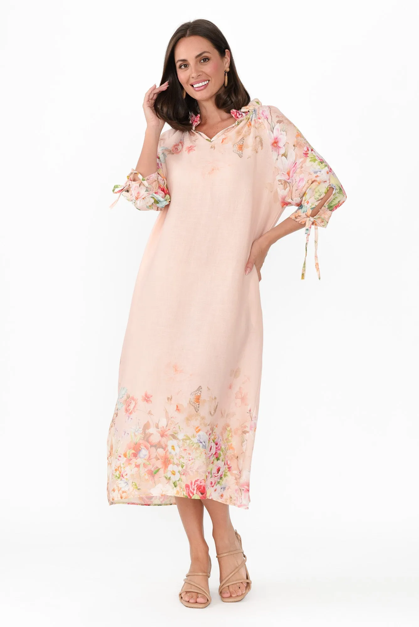 Mariel Pink Floral Linen Blend Dress