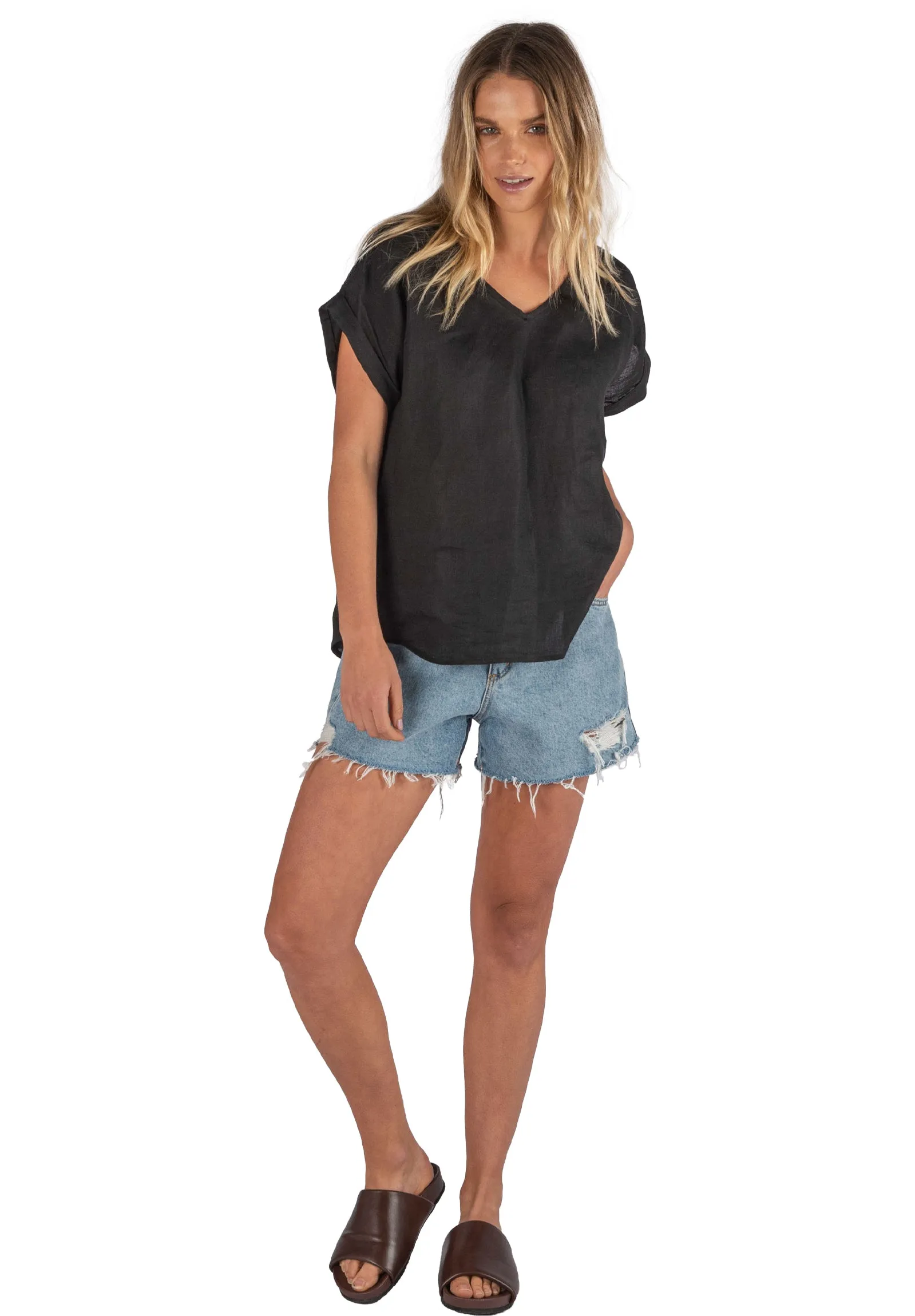 Martina Black Sand Washed Linen T-Shirt