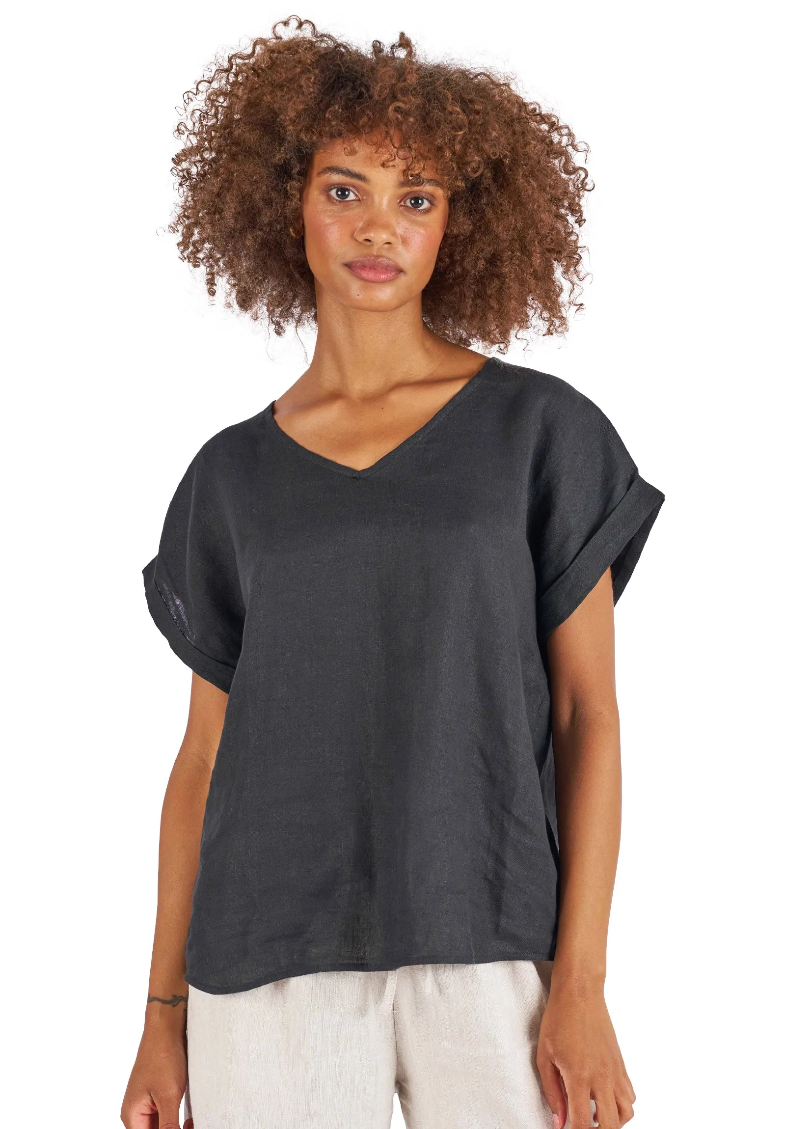 Martina Black Sand Washed Linen T-Shirt