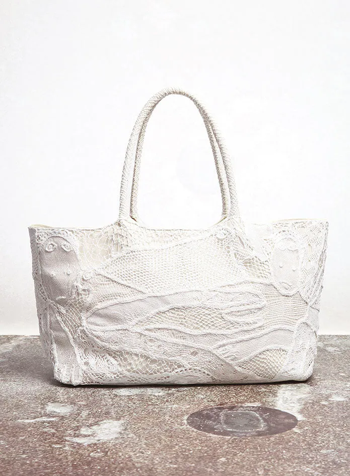 Mcewan Tote Bag in Ivory Leather with Cotton Macrame