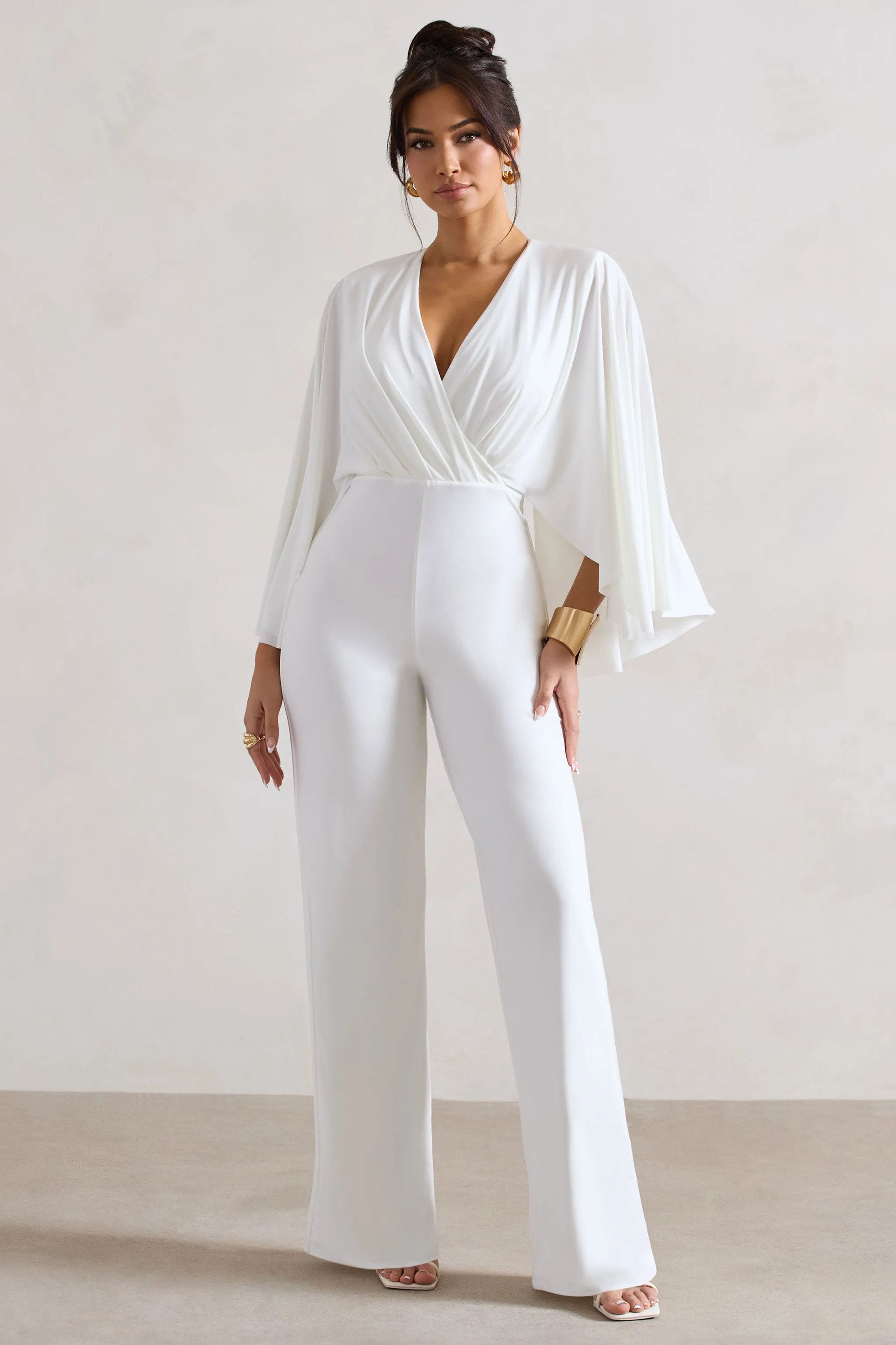 Nori | White Plunge-Neck Straight-Leg Cape Jumpsuit