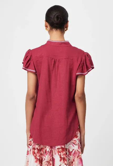 Once Was CARLYLE EMBROIDERED LINEN VISCOSE TOP IN CRIMSON