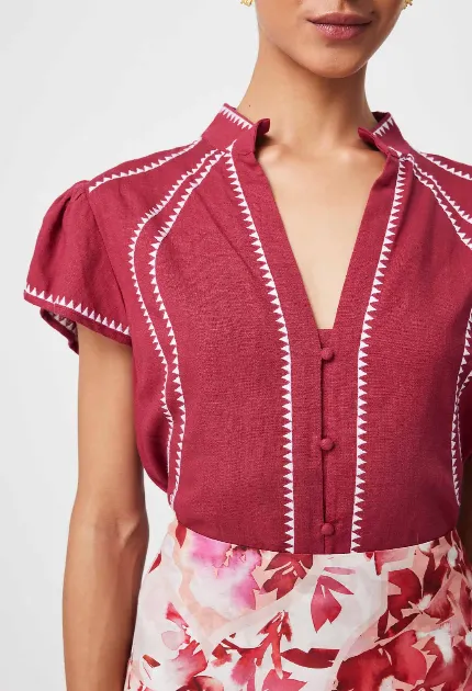 Once Was CARLYLE EMBROIDERED LINEN VISCOSE TOP IN CRIMSON