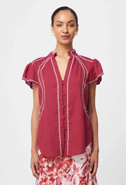 Once Was CARLYLE EMBROIDERED LINEN VISCOSE TOP IN CRIMSON