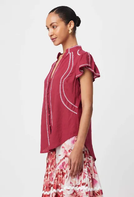 Once Was CARLYLE EMBROIDERED LINEN VISCOSE TOP IN CRIMSON