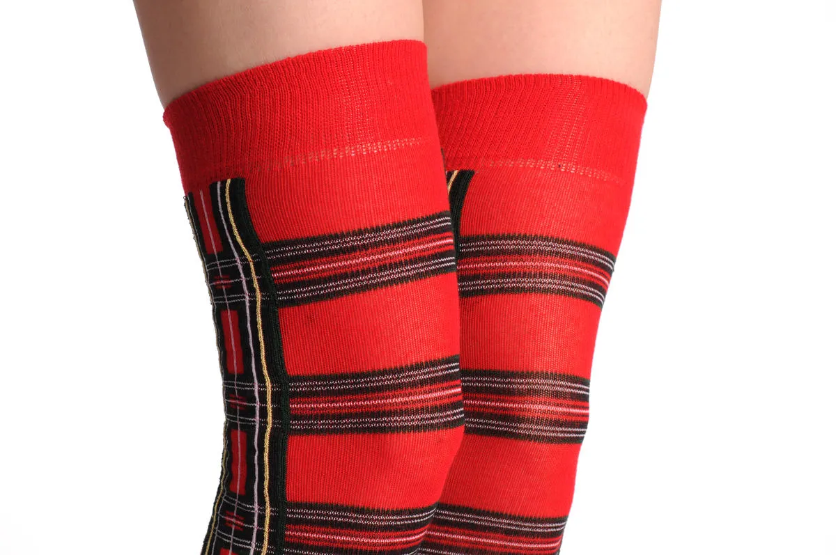 Over The Knee Opaque Red Checkered Warm Socks