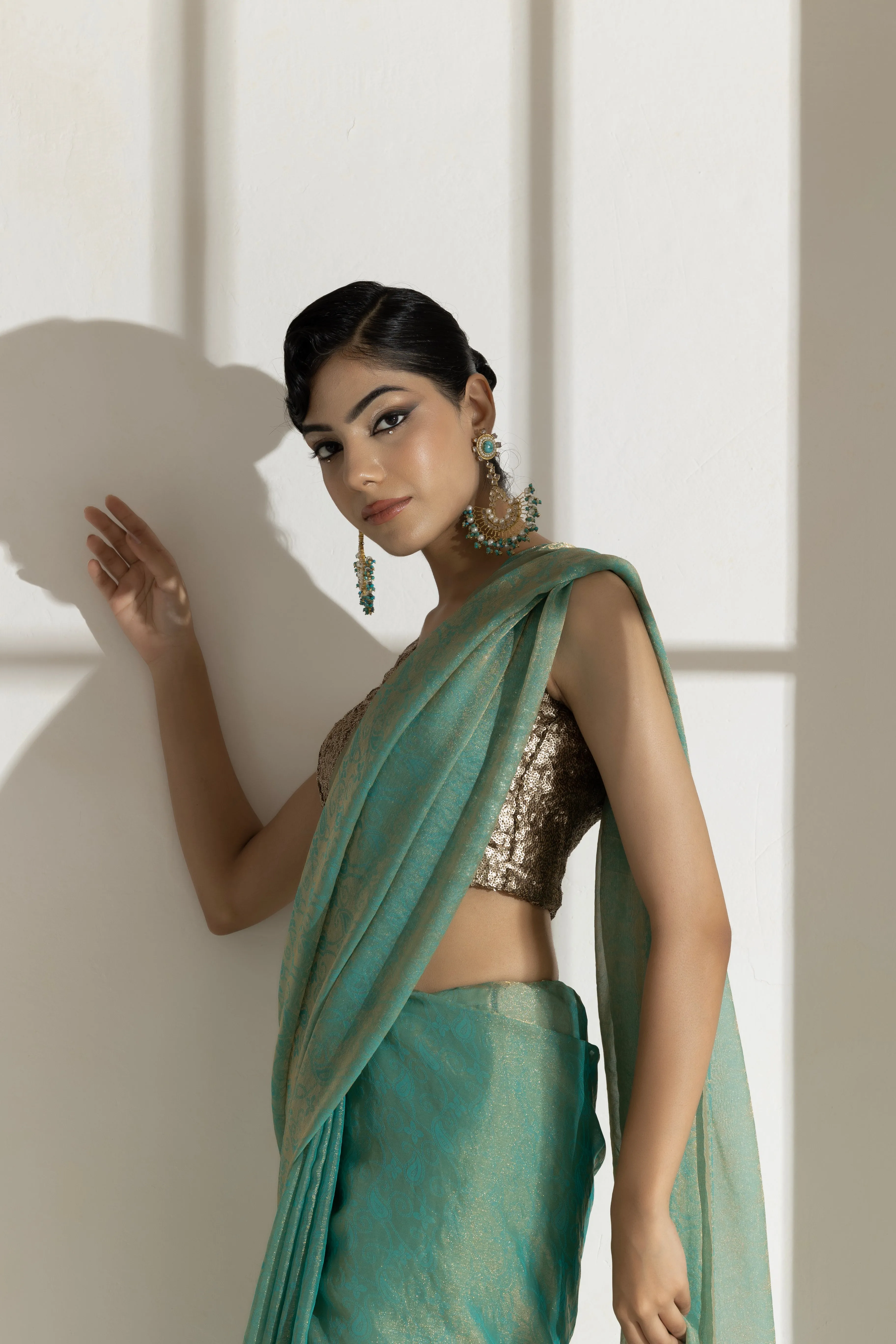 Paris Green Paisley Gold Design Chiffon Saree with Beaded Latkan