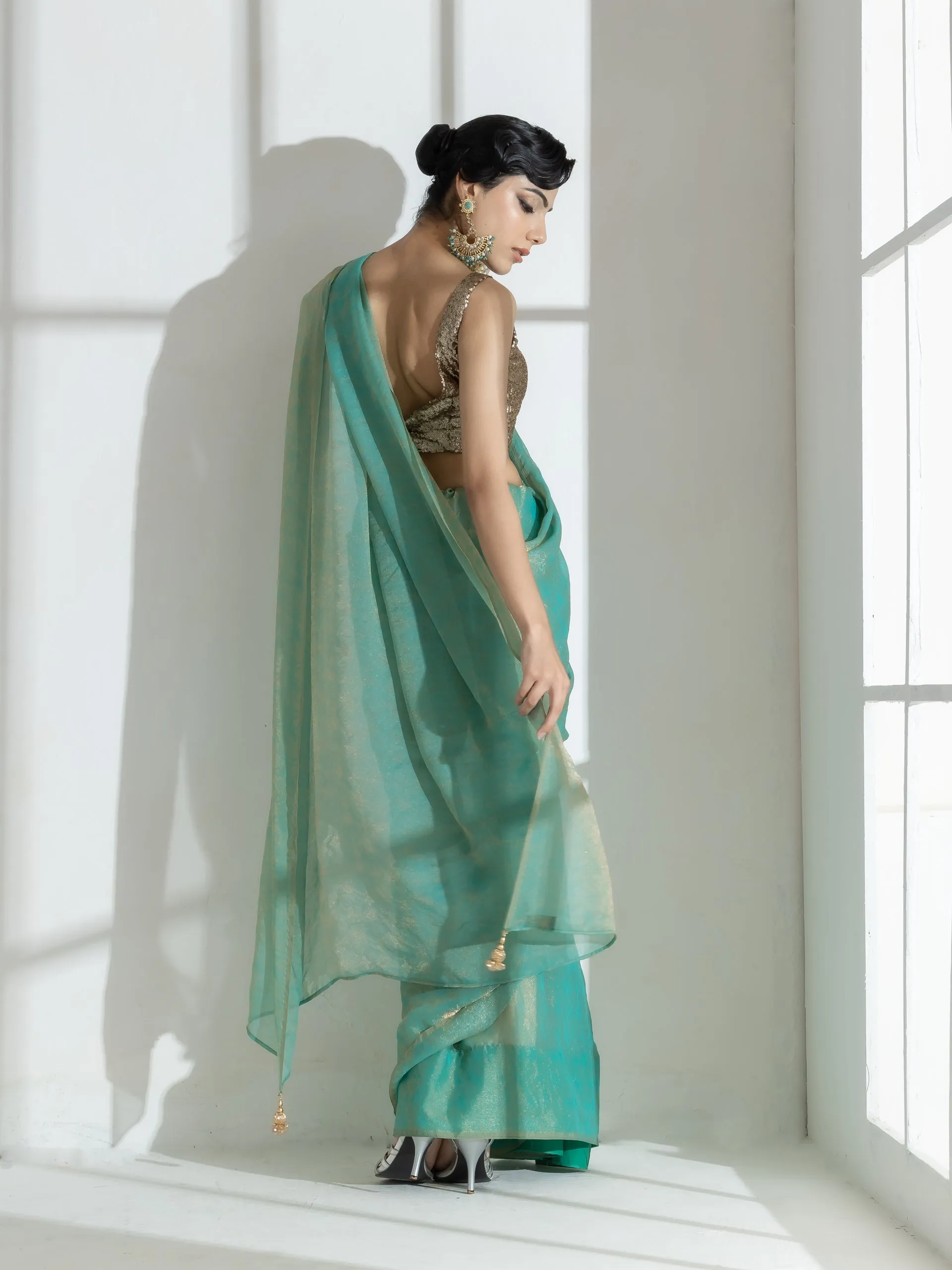 Paris Green Paisley Gold Design Chiffon Saree with Beaded Latkan