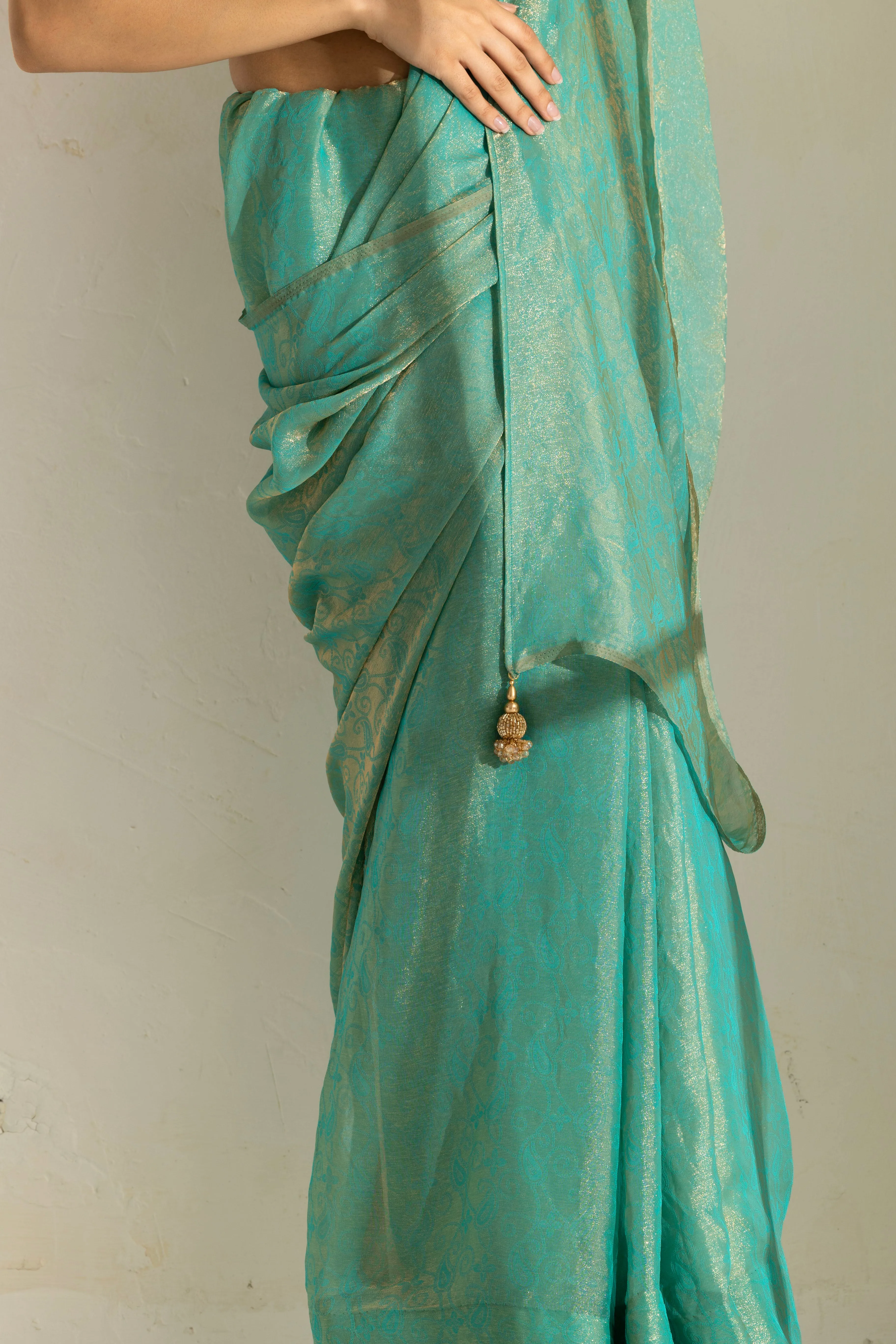 Paris Green Paisley Gold Design Chiffon Saree with Beaded Latkan