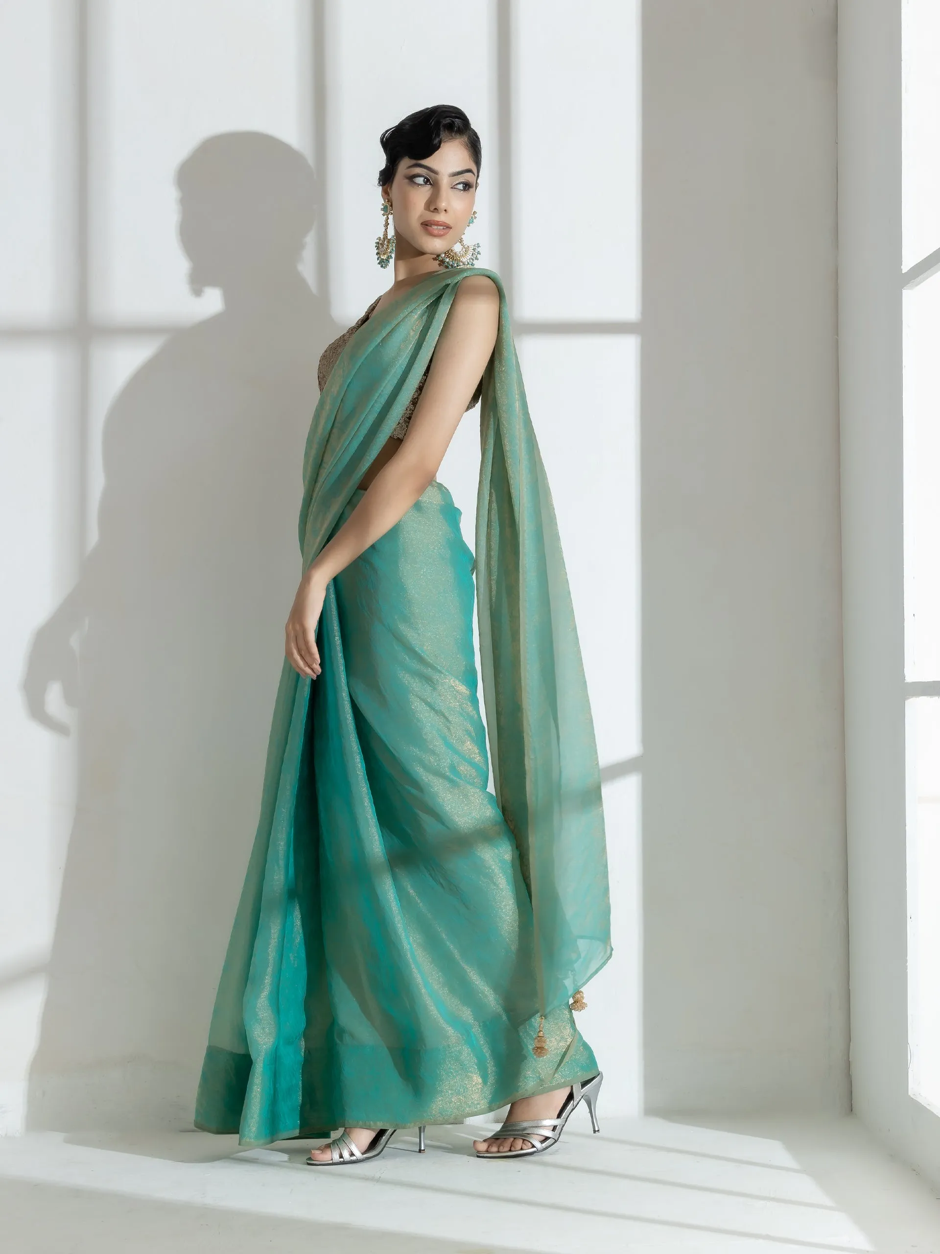 Paris Green Paisley Gold Design Chiffon Saree with Beaded Latkan