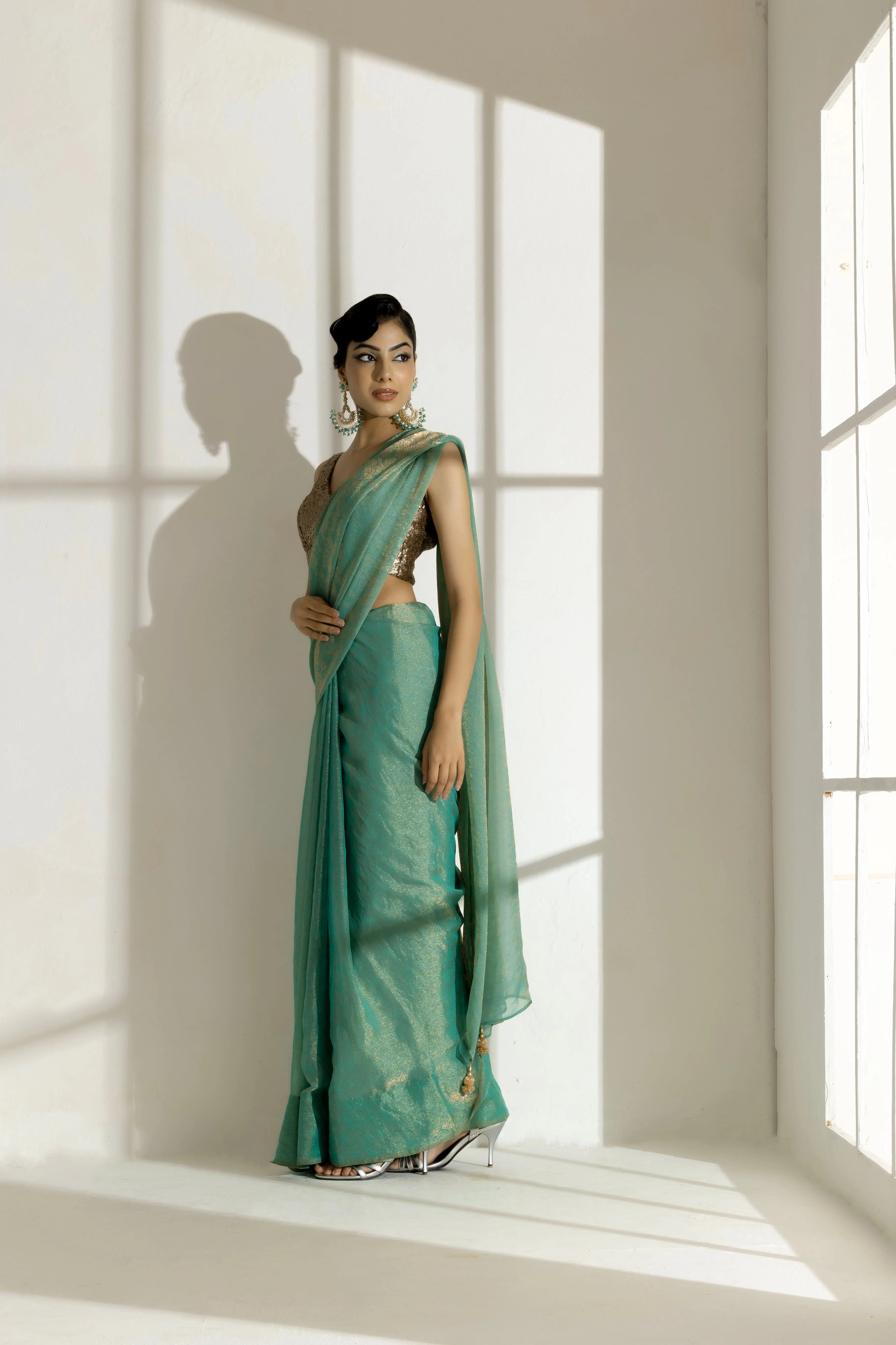 Paris Green Paisley Gold Design Chiffon Saree with Beaded Latkan